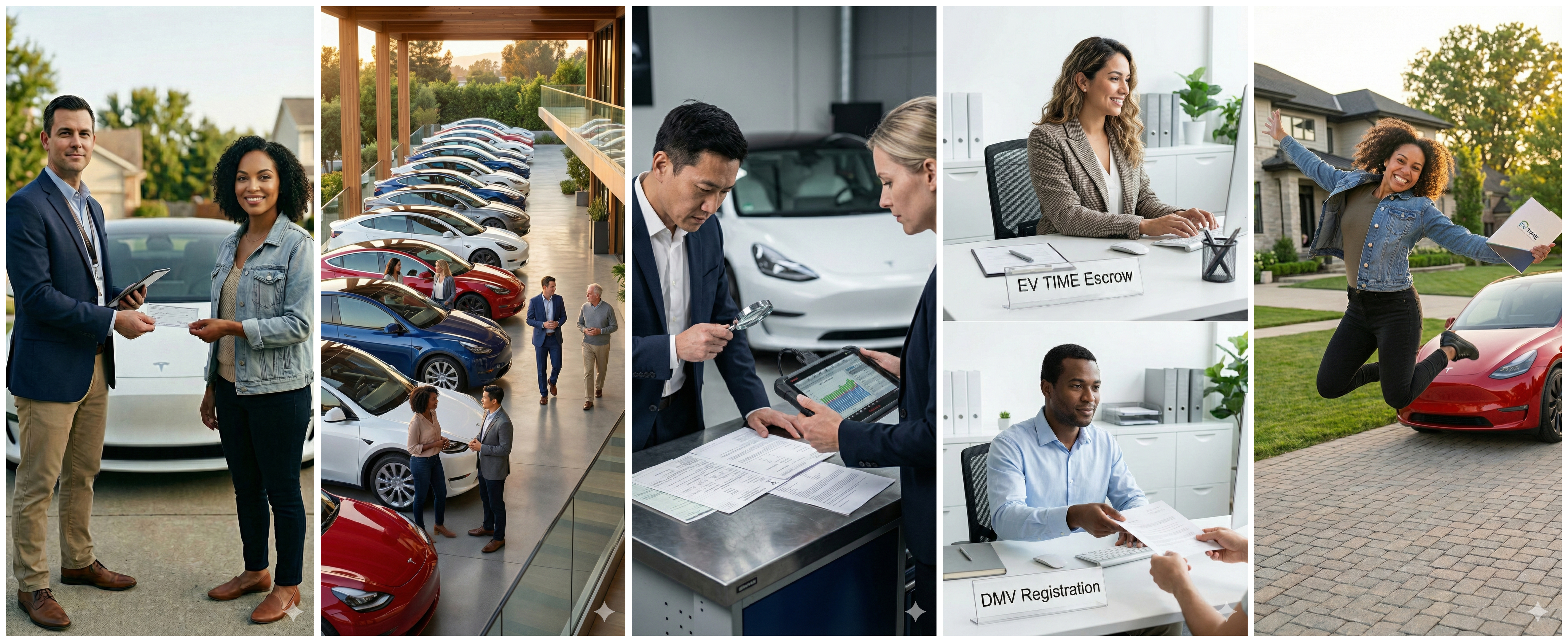 EVTime process collage: selling your EV, marketplace selection, verification, escrow and DMV handling, and a happy owner with their Tesla.